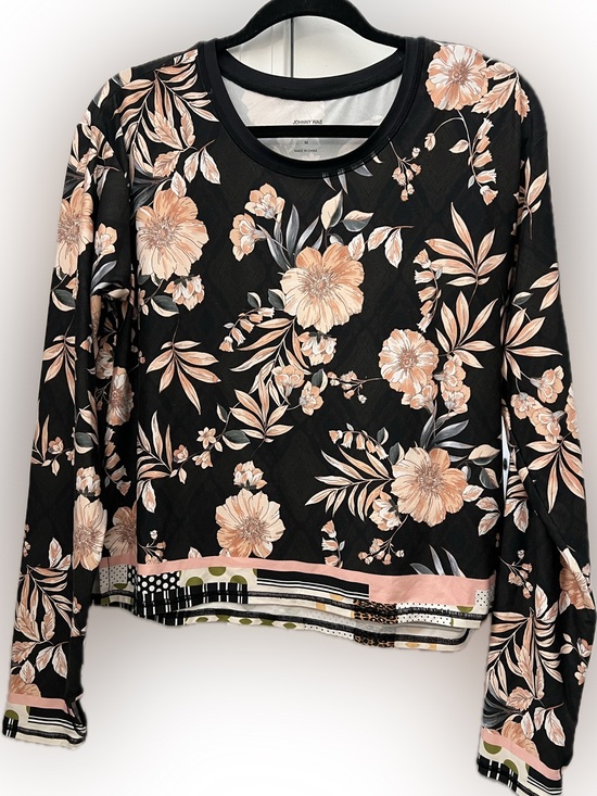 Johnny Was Tops - Johnny Was Black Long-Sleeve Floral Tee with Peach Accents Sz M EUC